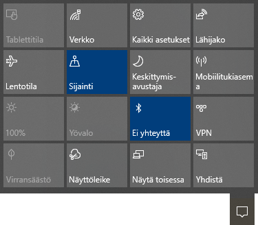 Windows 10 toimintokeskus avattuna