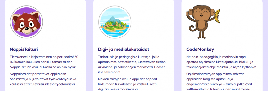 Taito Learningin ohjelmat NäppisTaituri, Digi- ja medialukutaidot ja CodeMonkey